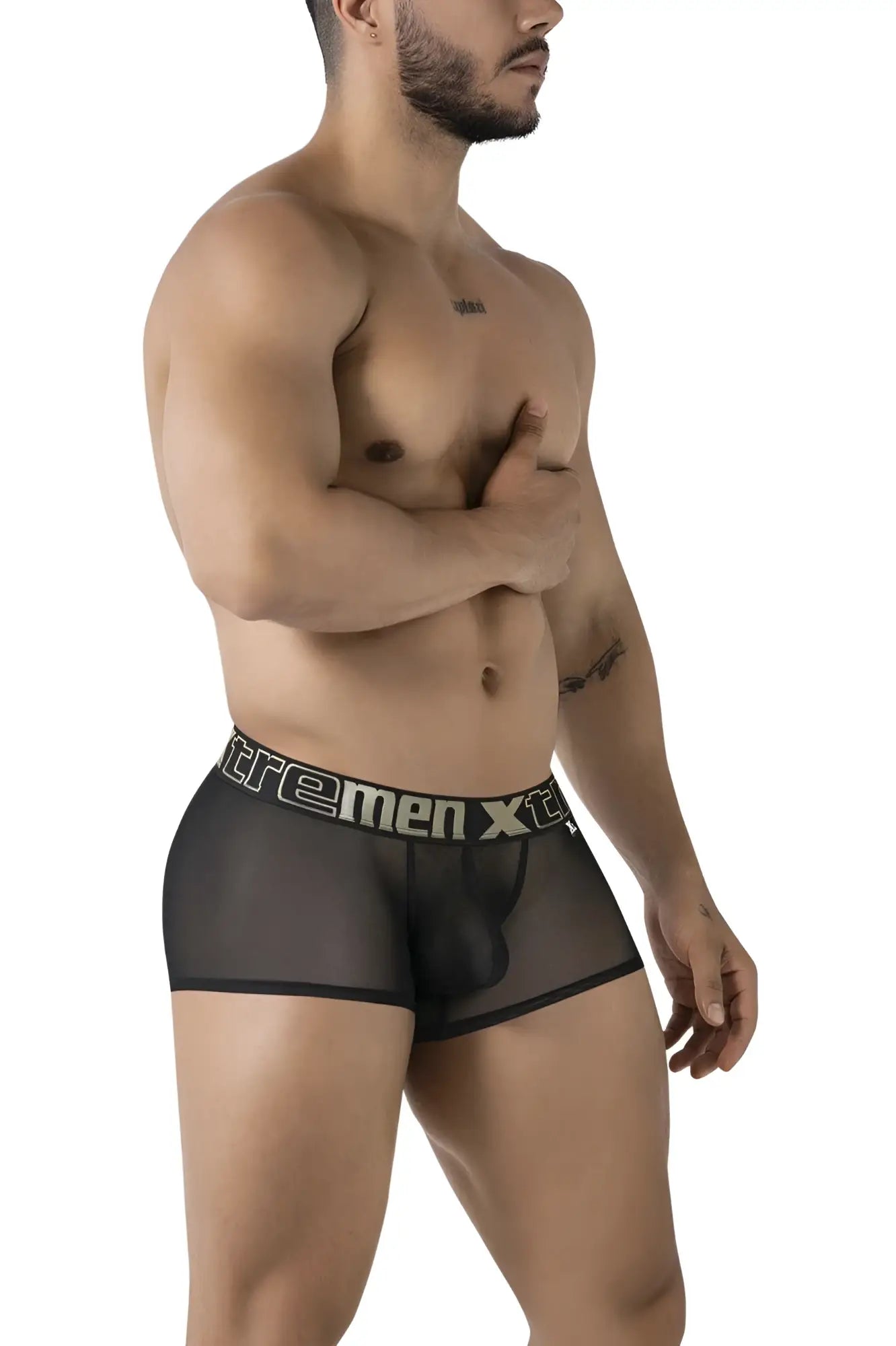 Black sheer xtremen 91237 microfiber men’s boxer briefs with contrasting white and black logo waistband