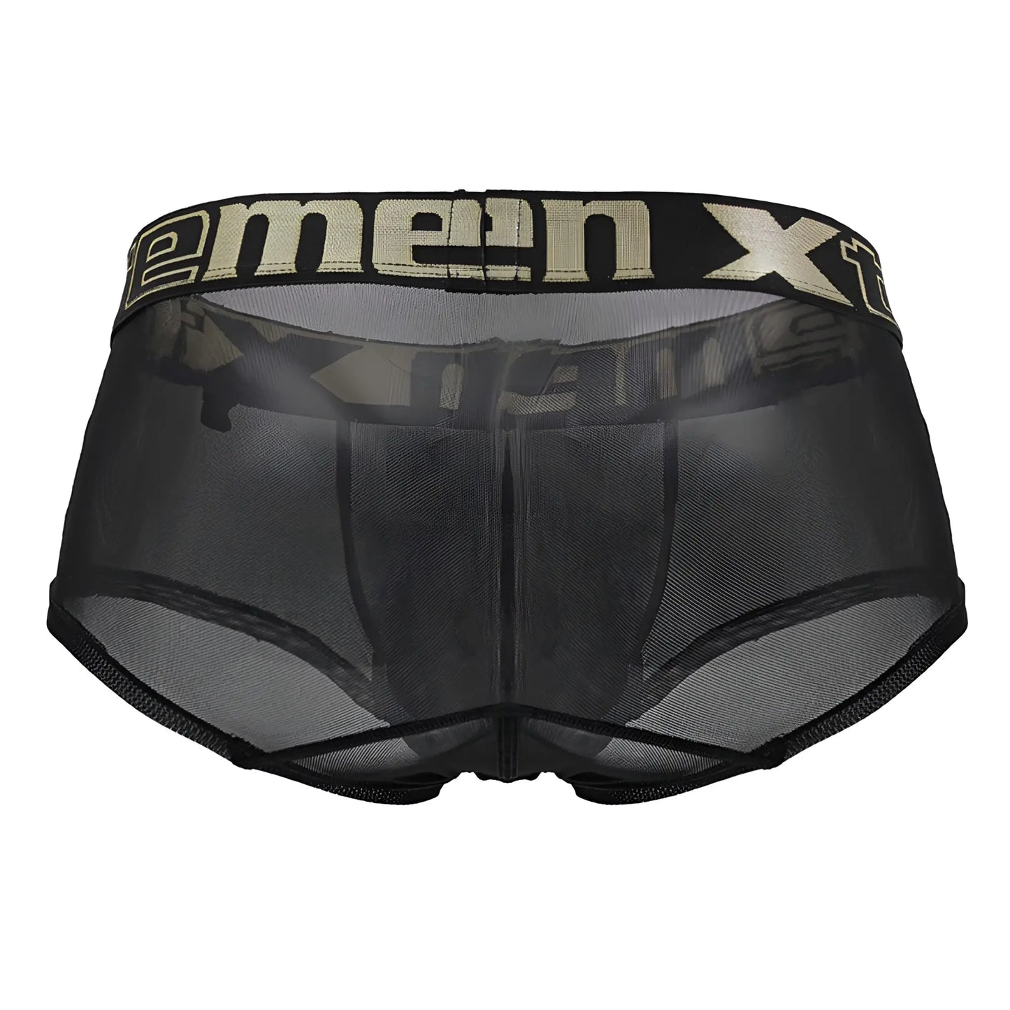 Black sheer mesh Xtremen 91237 microfiber trunks with black elastic waistband and beige xtreme branding