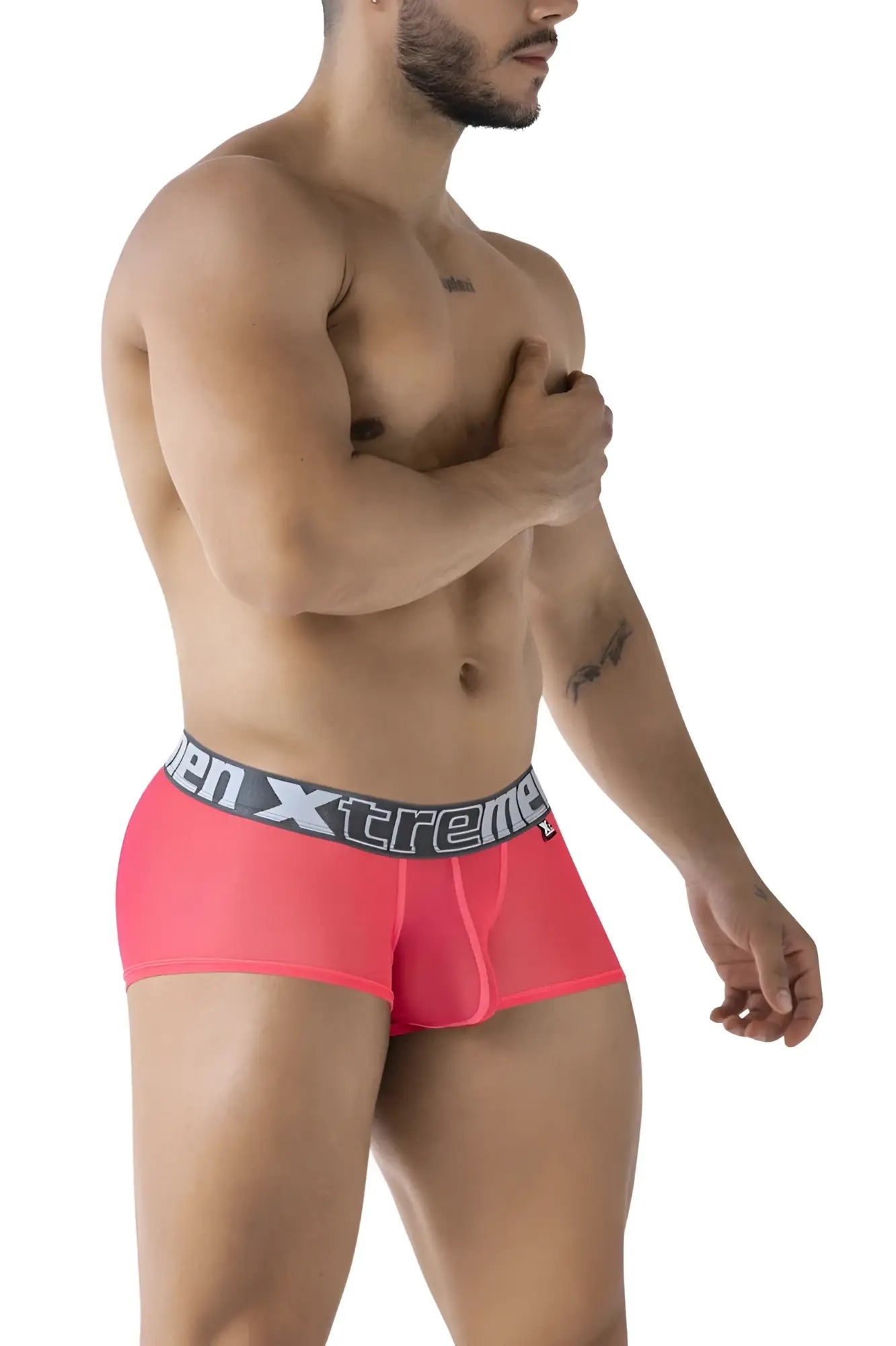 Bright pink fuchsia xtremen 91237 microfiber men’s briefs with gray elastic waistband and bold black xtreme logo