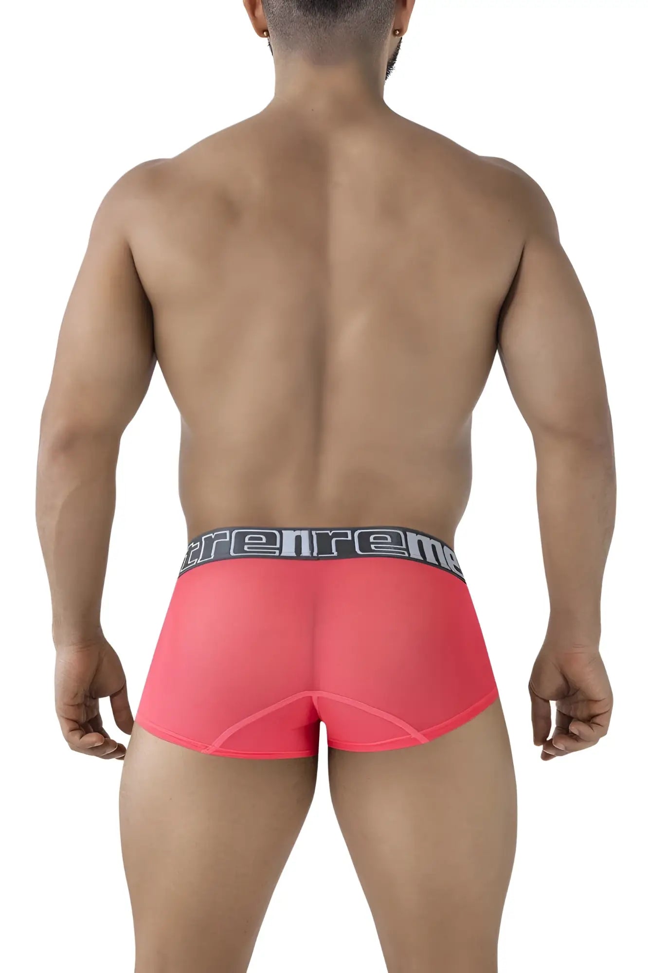 Bright pink sheer Xtremen 91237 microfiber boxer briefs with black gray elastic waistband featuring Trenreme brand name