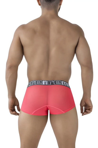 Bright pink sheer Xtremen 91237 microfiber boxer briefs with black gray elastic waistband featuring Trenreme brand name
