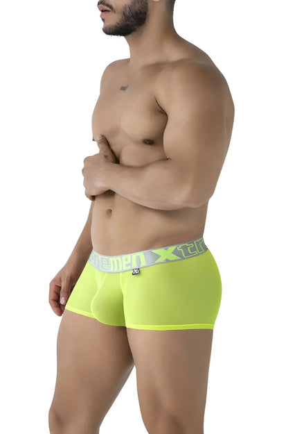 Neon green xtremen 91237 microfiber men’s briefs with gray and white branded waistband front view