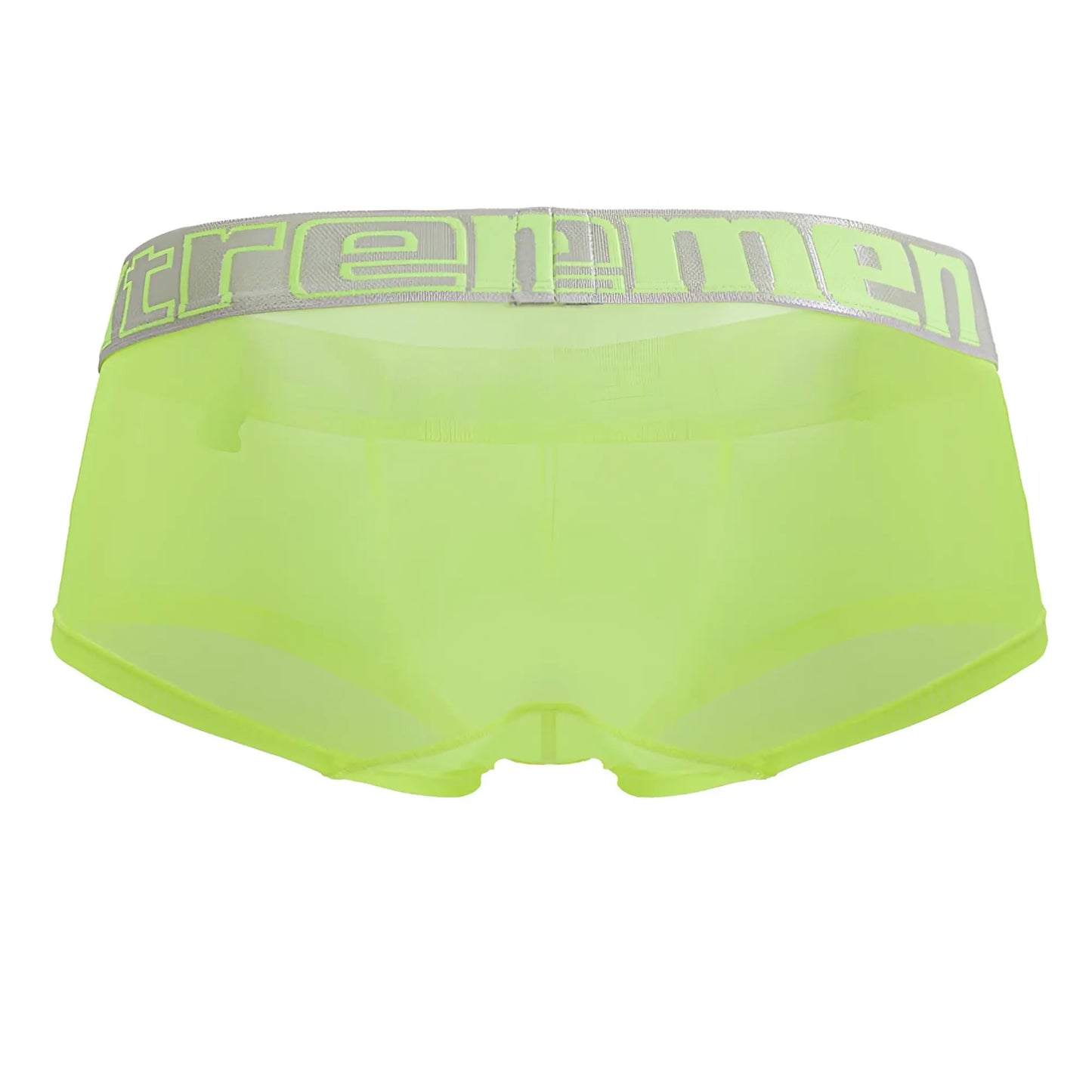 Neon green sheer xtremen 91237 microfiber men’s briefs with gray elastic waistband and neon green logo lettering