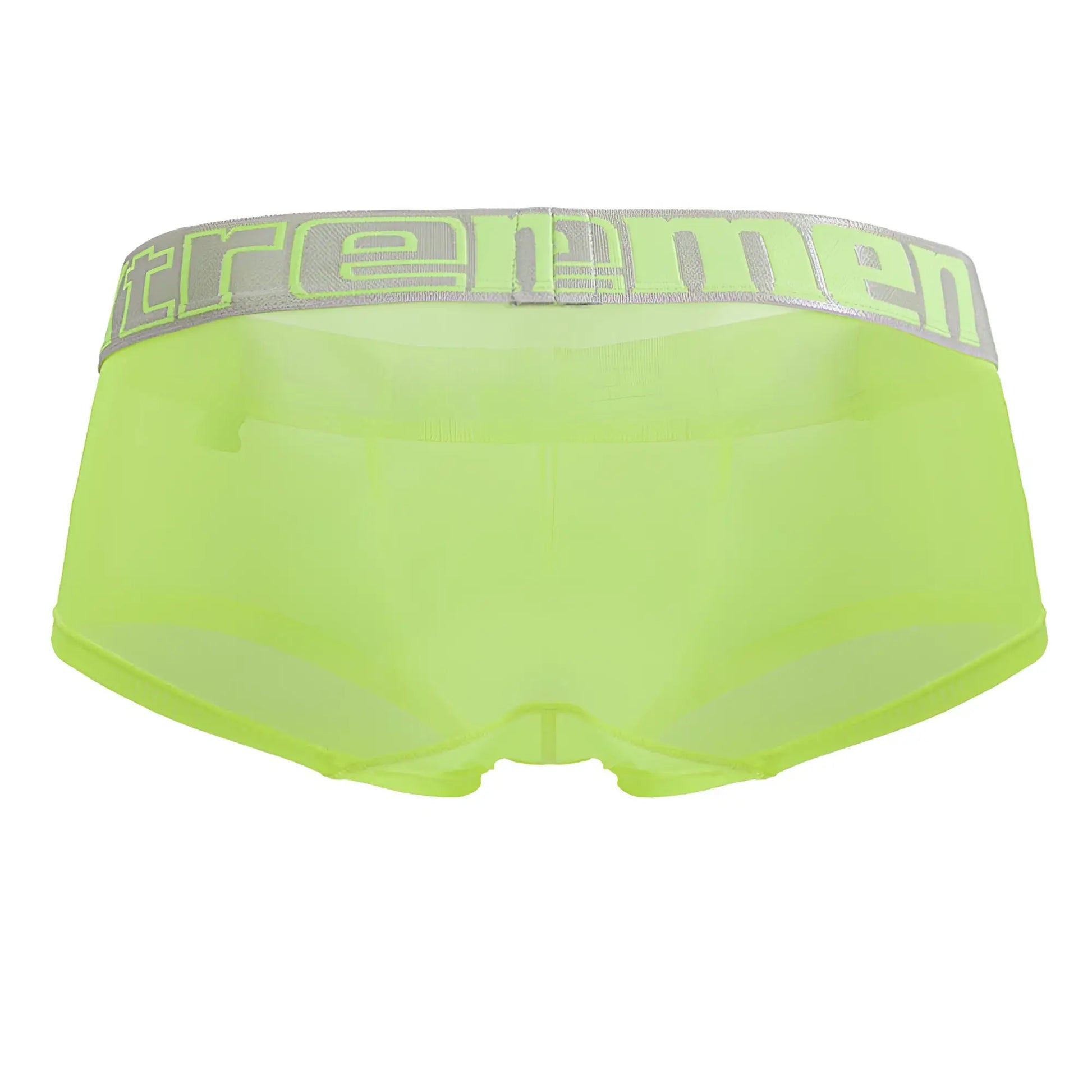 Neon green sheer xtremen 91237 microfiber men’s briefs with gray elastic waistband and neon green logo lettering
