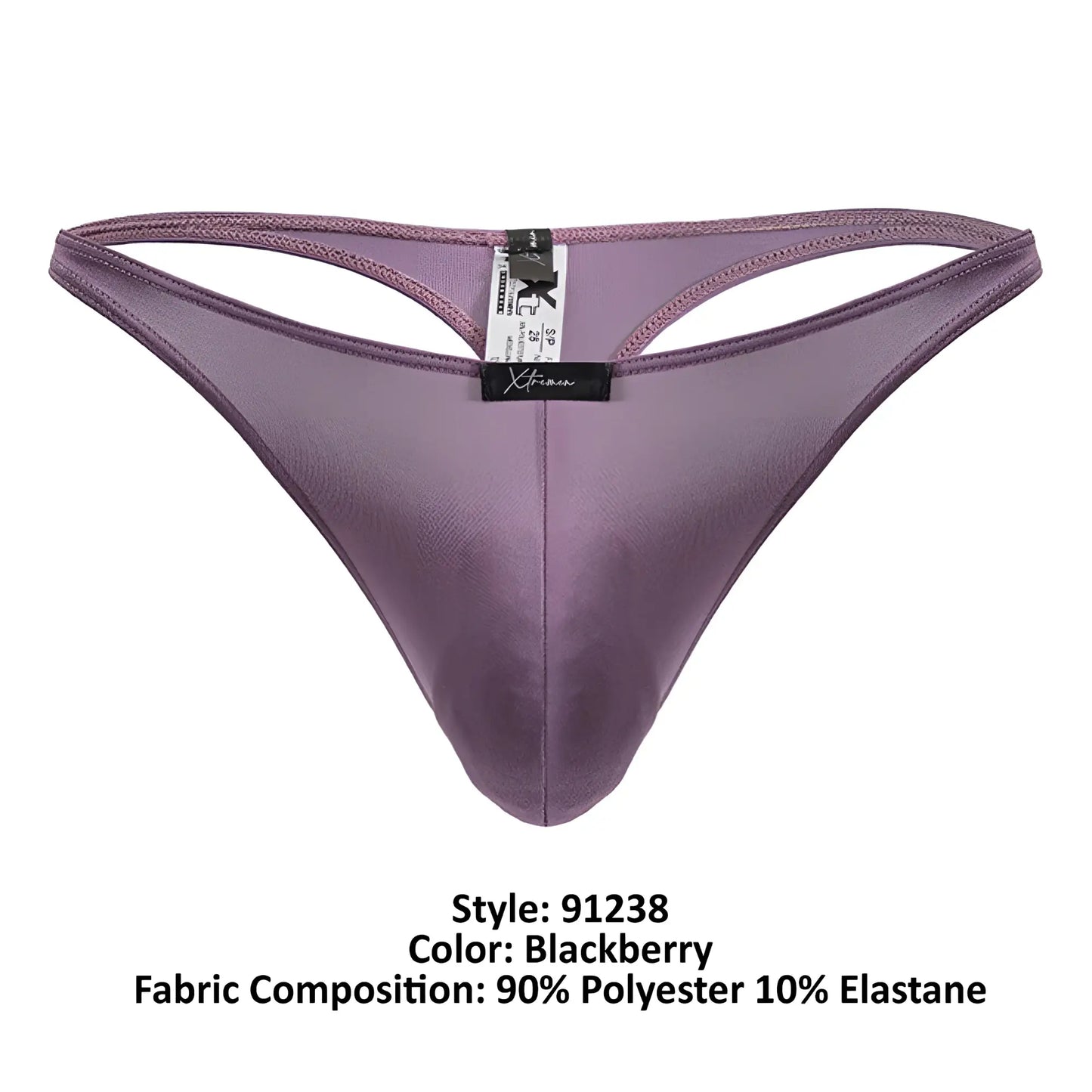 Purple satin-like microfiber thong in blackberry color with black xtremen brand tag and size label visible