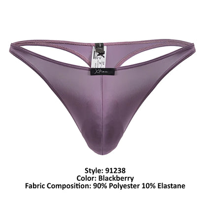 Purple satin-like microfiber thong in blackberry color with black xtremen brand tag and size label visible