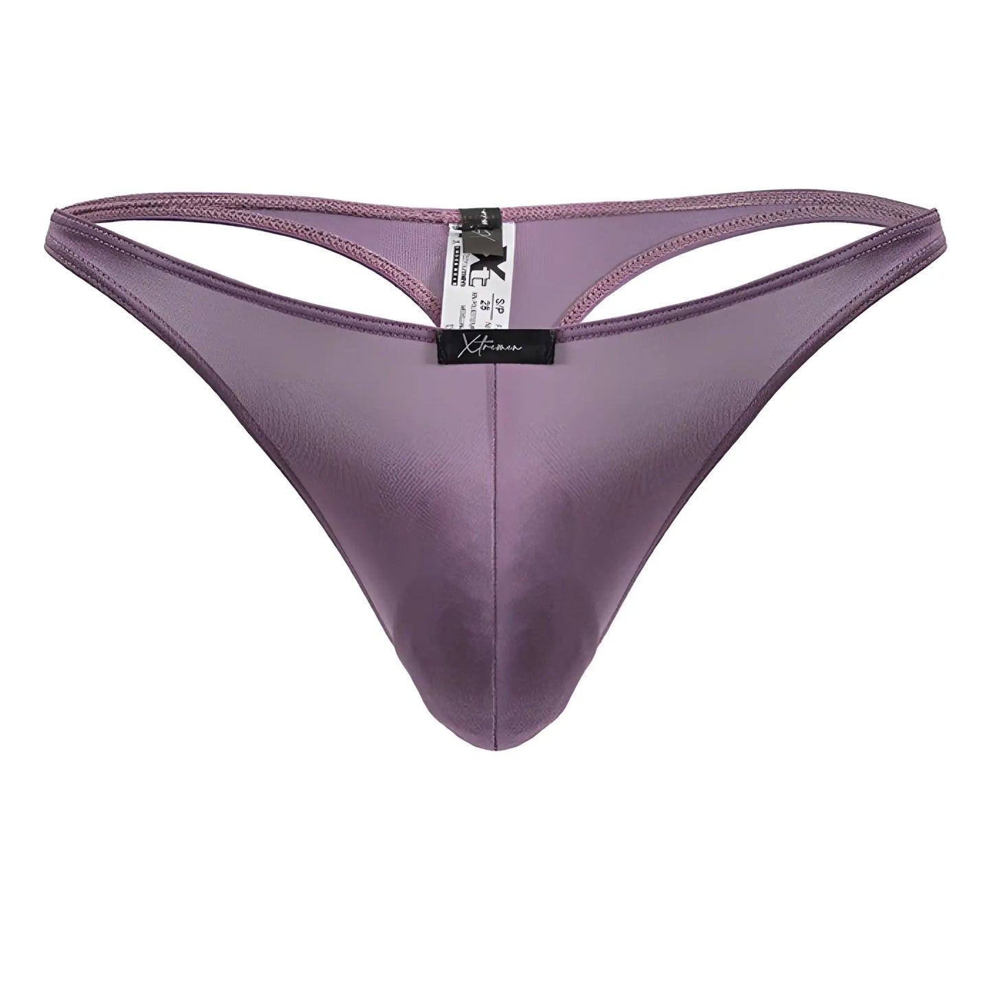 Purple satin microfiber thong xtremen 91238 in blackberry with sleek smooth texture and central seam visible from the back