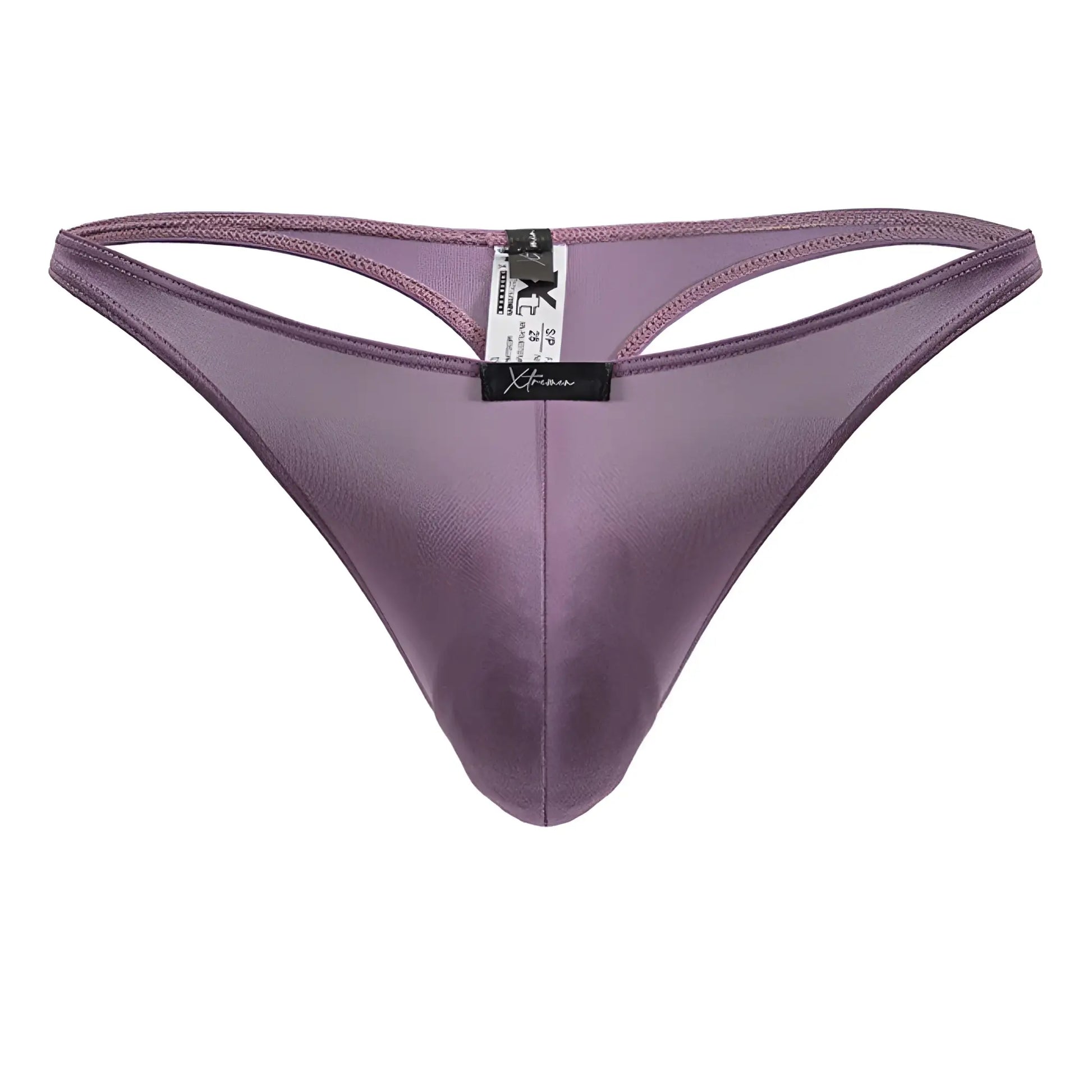 Purple satin microfiber thong xtremen 91238 in blackberry with sleek smooth texture and central seam visible from the back