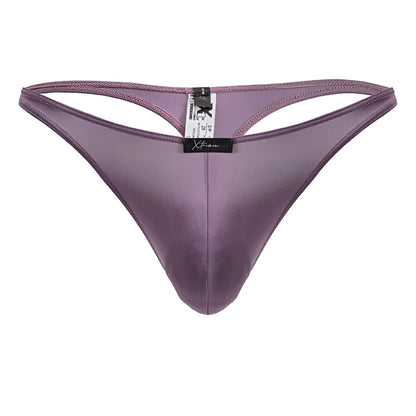 Purple satin microfiber thong xtremen 91238 in blackberry with sleek smooth texture and central seam visible from the back