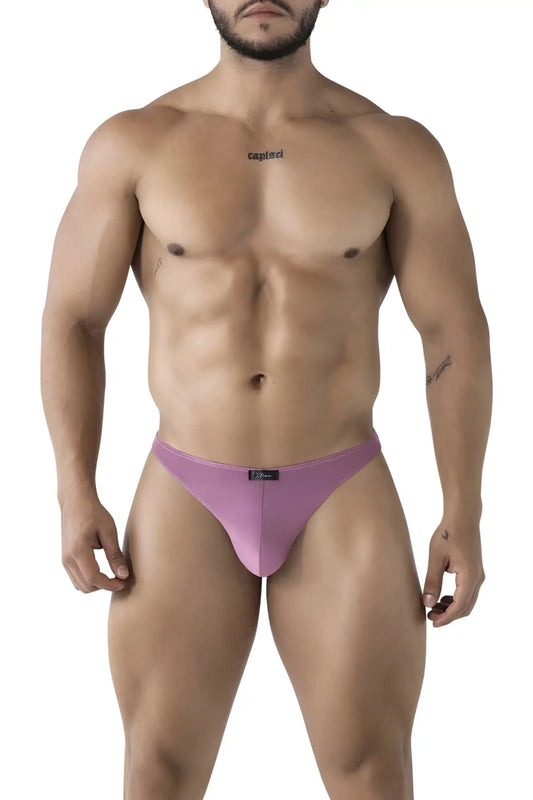 Purple microfiber thong with sleek minimalist design and black Xtremen brand tag at waistband in blackberry color
