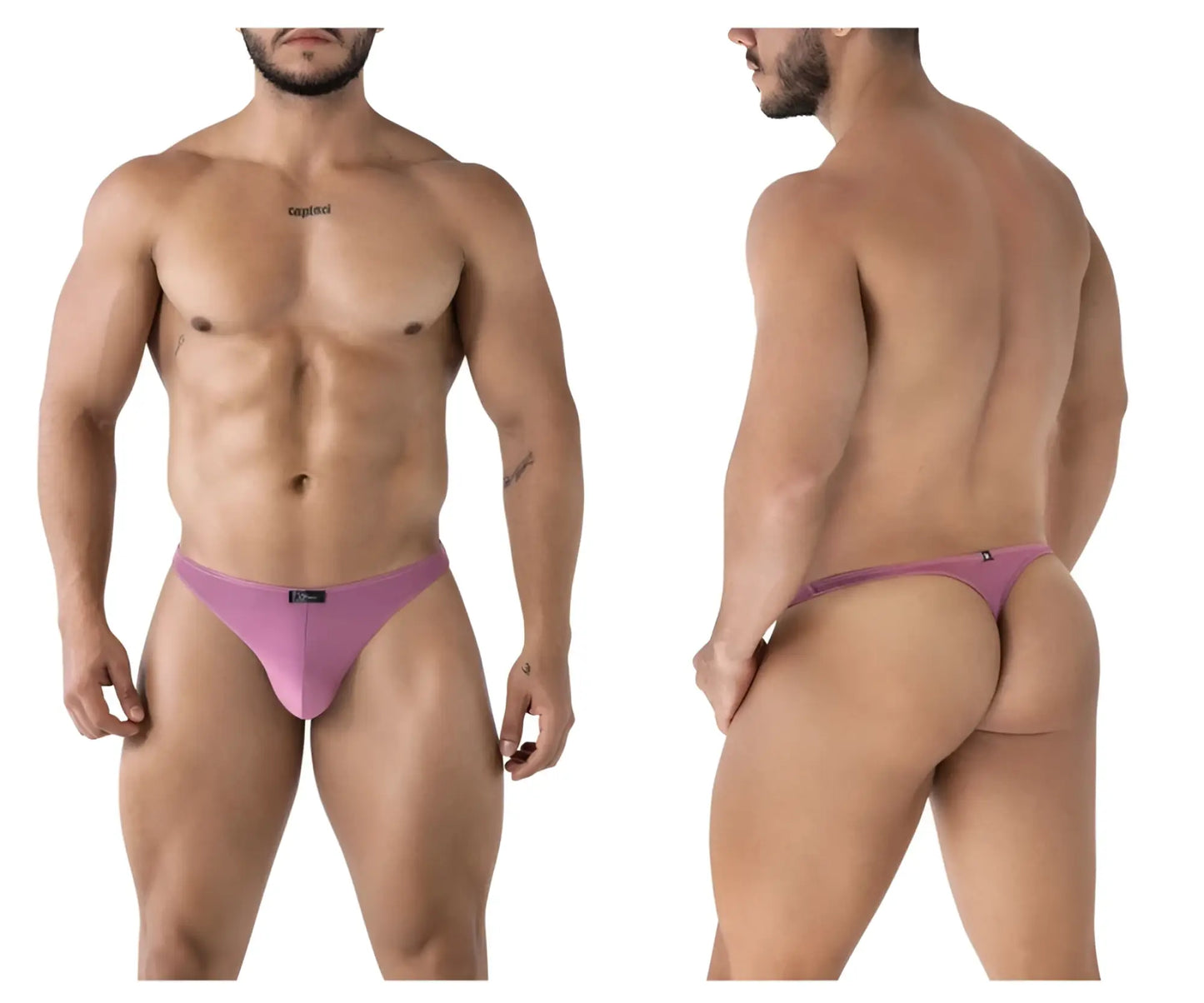 A sleek lavender blackberry microfiber thong with smooth fabric minimalist design and subtle waistband branding