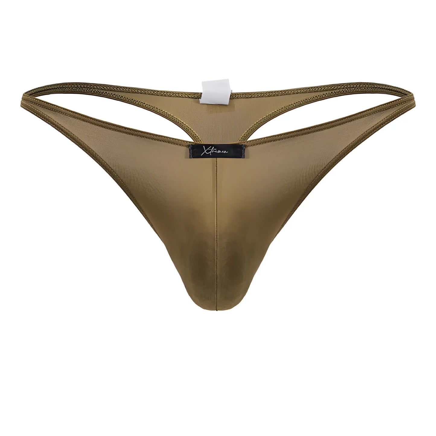 Xtremen 91238 brown microfiber thong with olive green mesh and smooth satin finish featuring a black brand tag