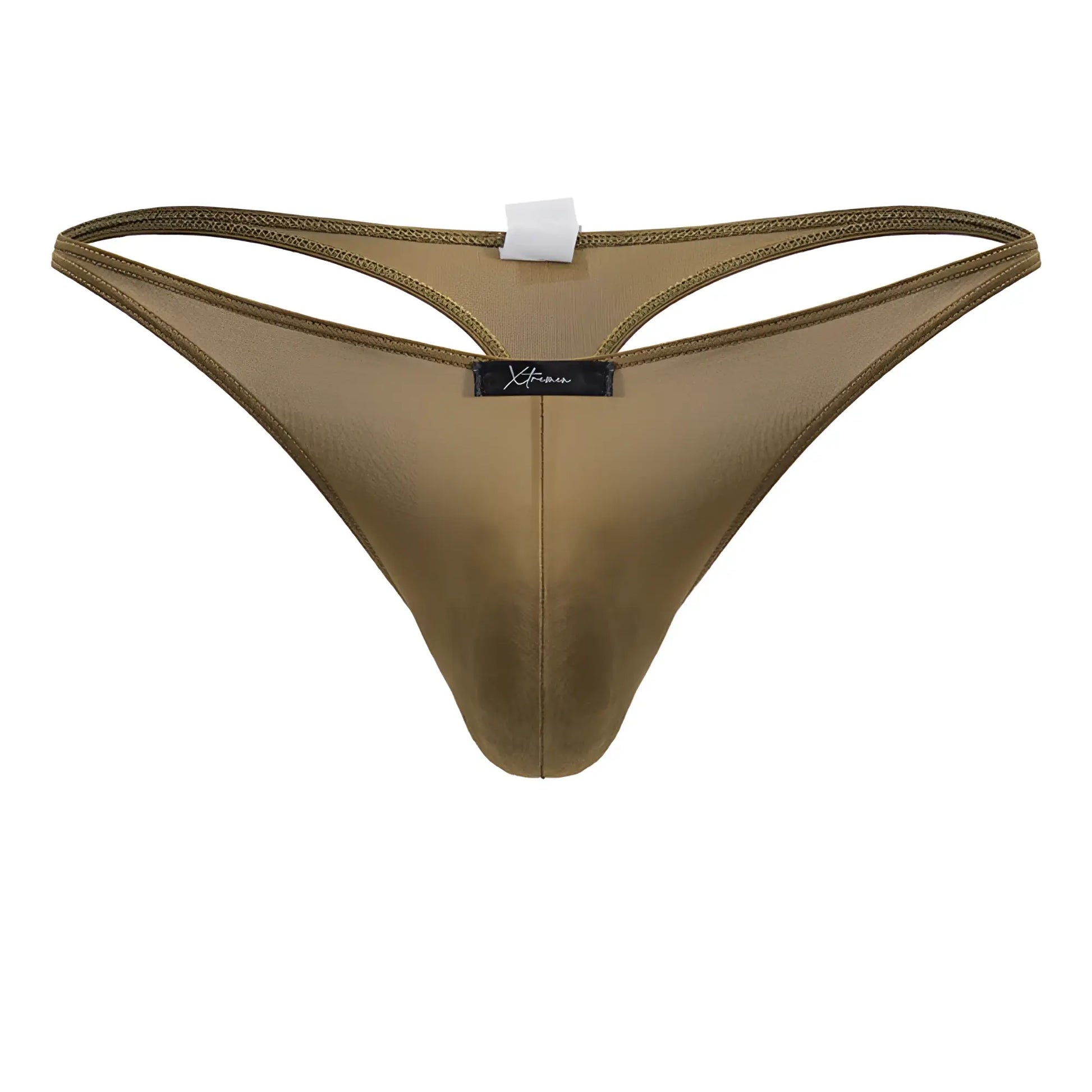Xtremen 91238 brown microfiber thong with olive green mesh and smooth satin finish featuring a black brand tag