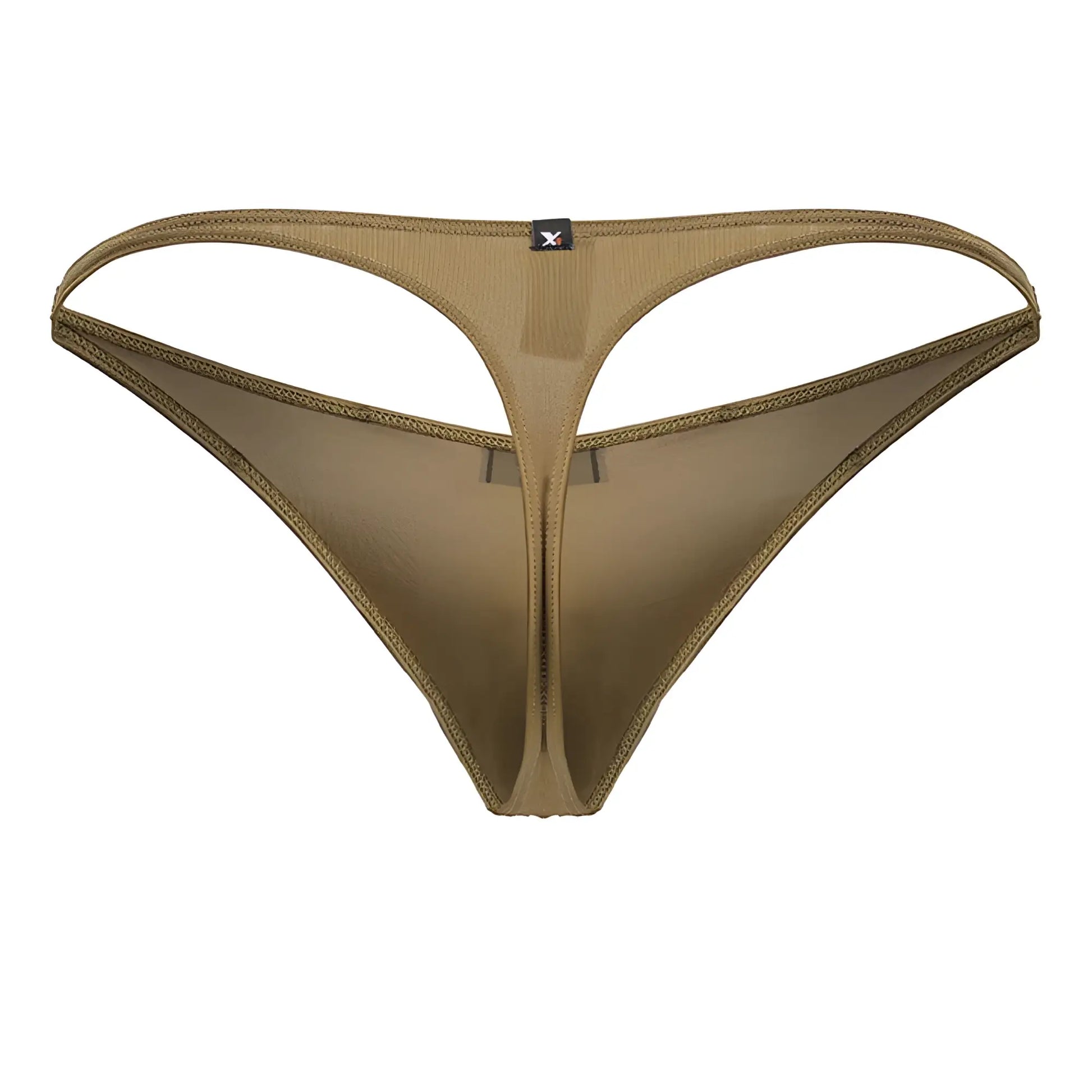Tan xtremen 91238 microfiber thong with central zipper and reinforced stitching along edges in brown color