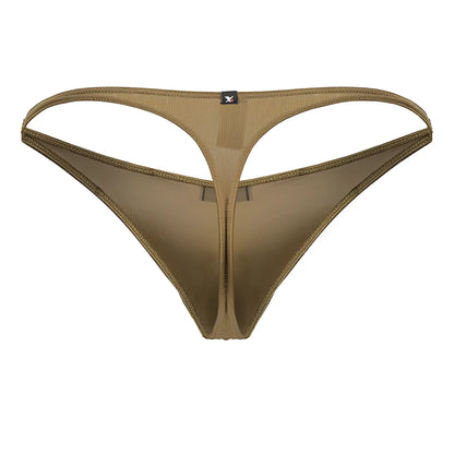 Tan xtremen 91238 microfiber thong with central zipper and reinforced stitching along edges in brown color