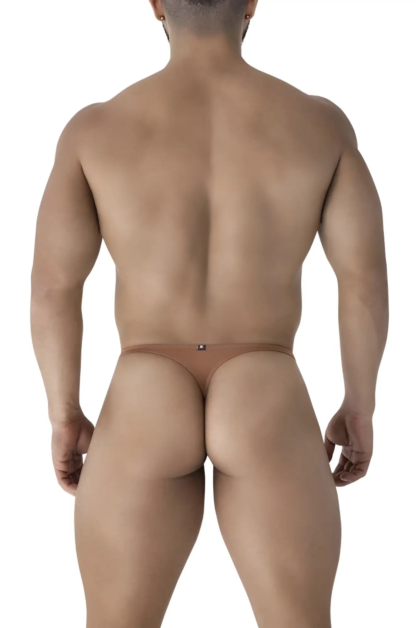 Tan thong briefs in brown microfiber with a small black logo on the backband shown from the back side