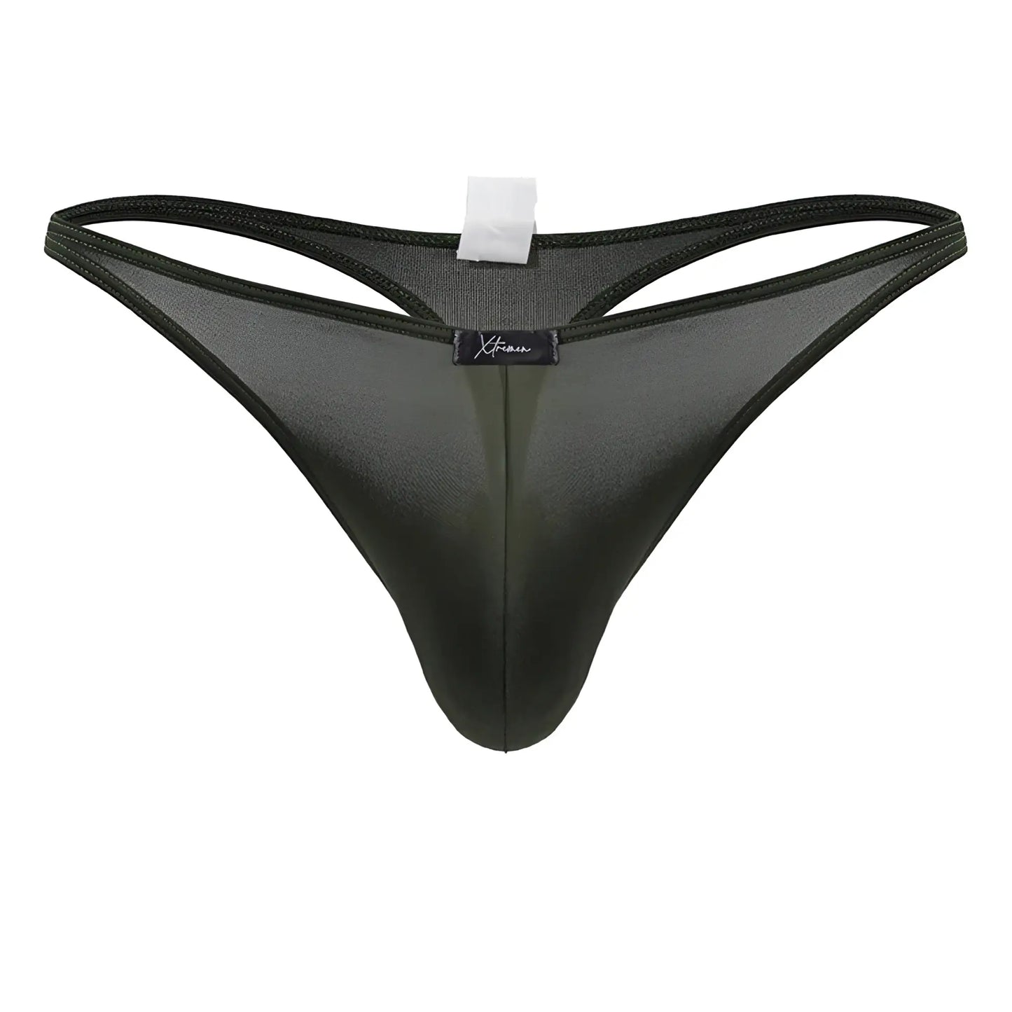 Black sheer mesh Xtremen 91238 microfiber thong with subtle sheen and reinforced elastic waistband in green