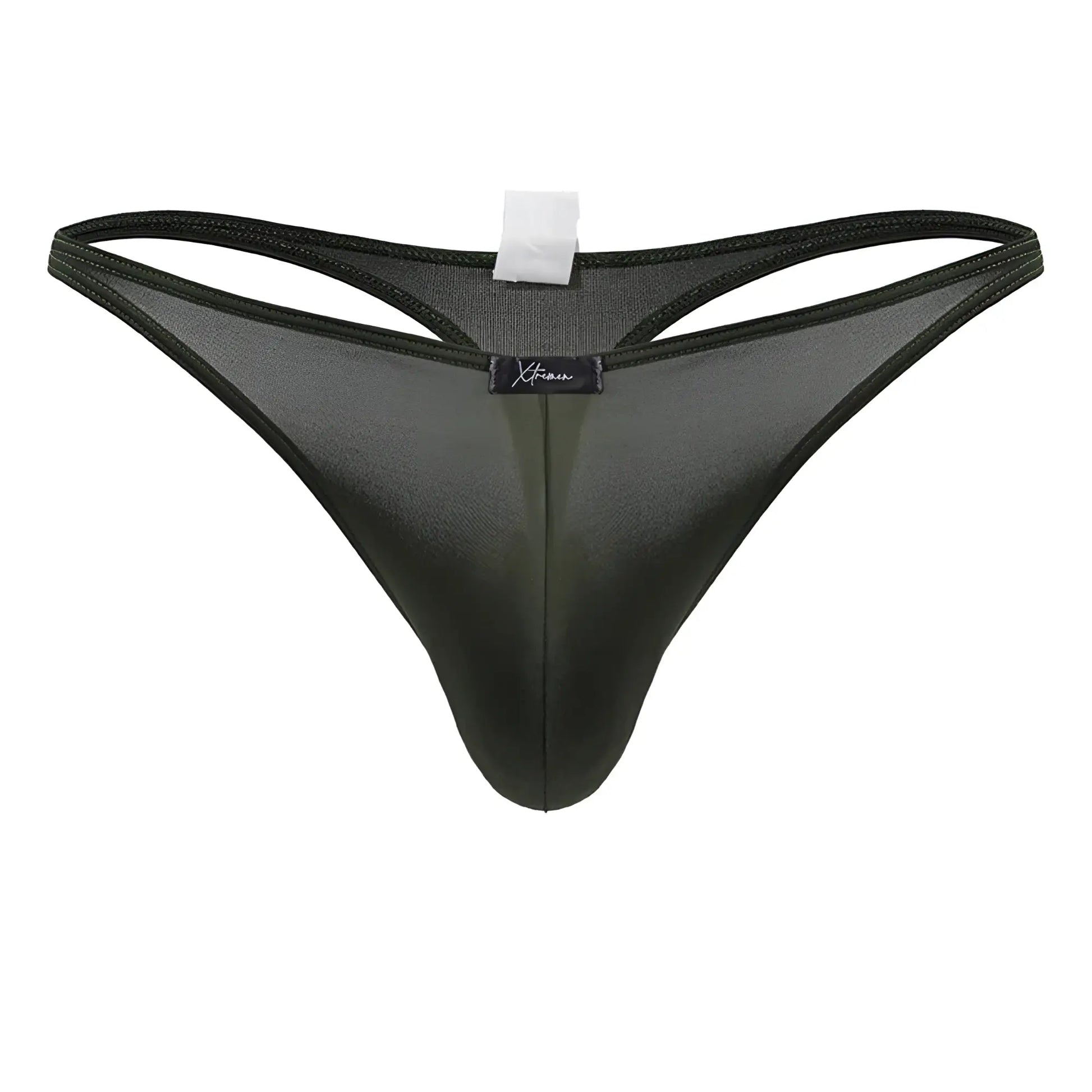 Black sheer mesh Xtremen 91238 microfiber thong with subtle sheen and reinforced elastic waistband in green