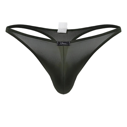 Black sheer mesh Xtremen 91238 microfiber thong with subtle sheen and reinforced elastic waistband in green