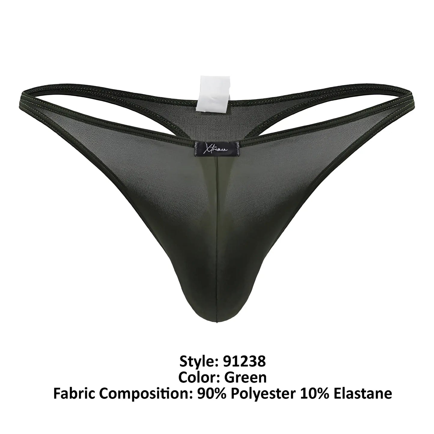 Black sheer xtremen 91238 microfiber thong in green with subtle sheen and reinforced elastic waistband shown from the back