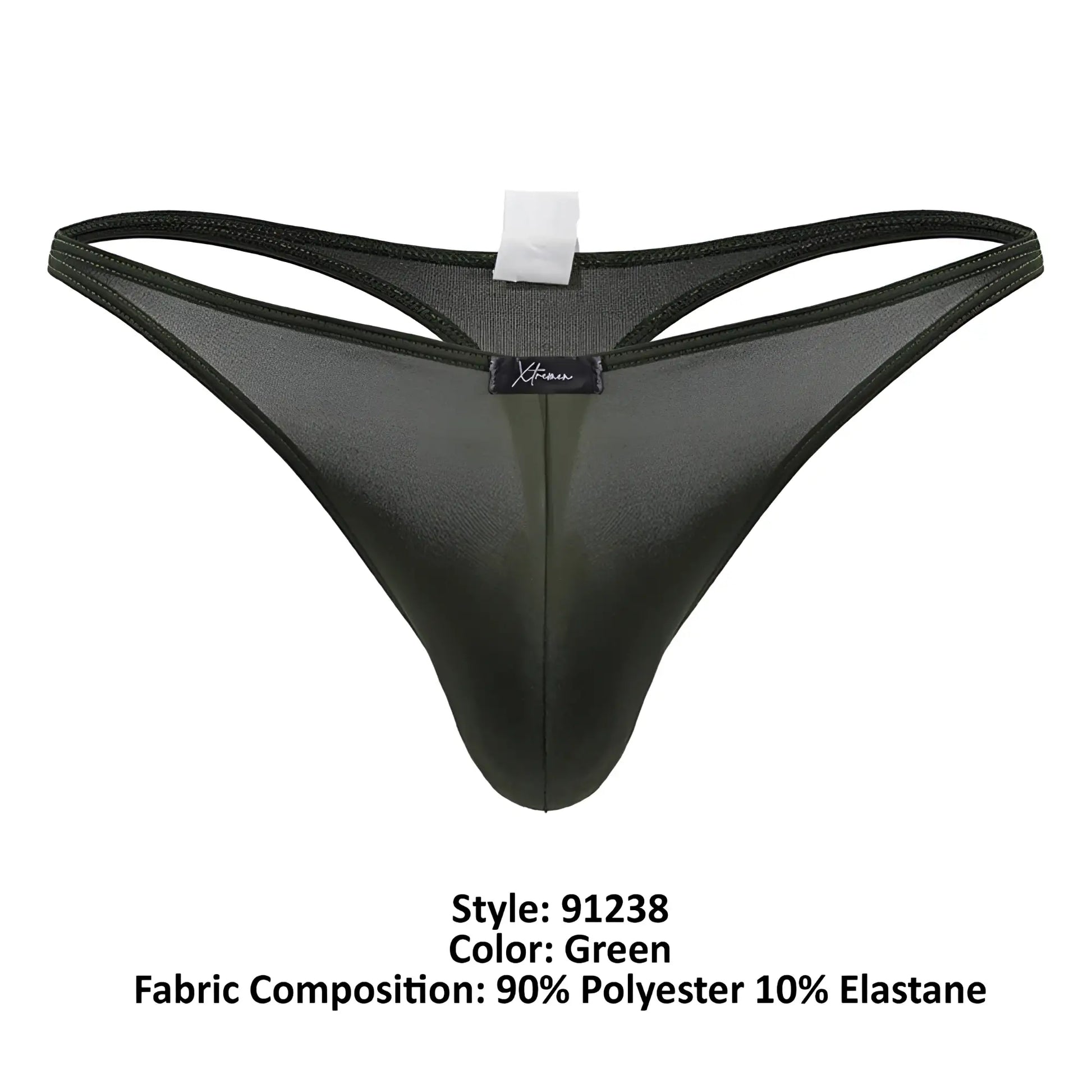Black sheer xtremen 91238 microfiber thong in green with subtle sheen and reinforced elastic waistband shown from the back