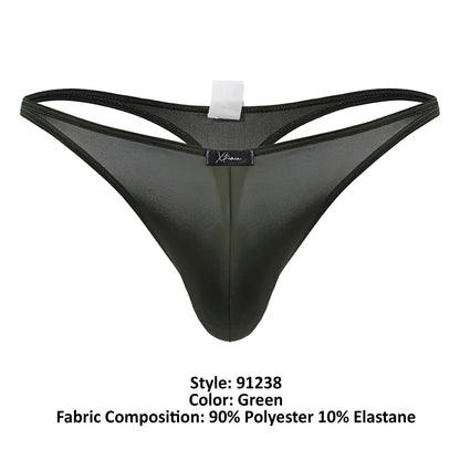 Black sheer xtremen 91238 microfiber thong in green with subtle sheen and reinforced elastic waistband shown from the back