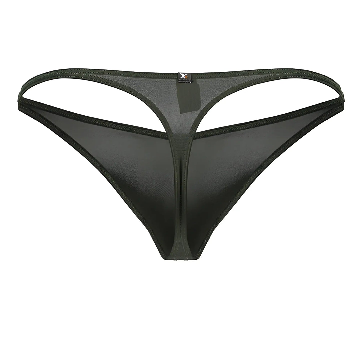 Green xtremen 91238 microfiber thong with black sheer fabric, thin supportive waistband, and reinforced stitching edges