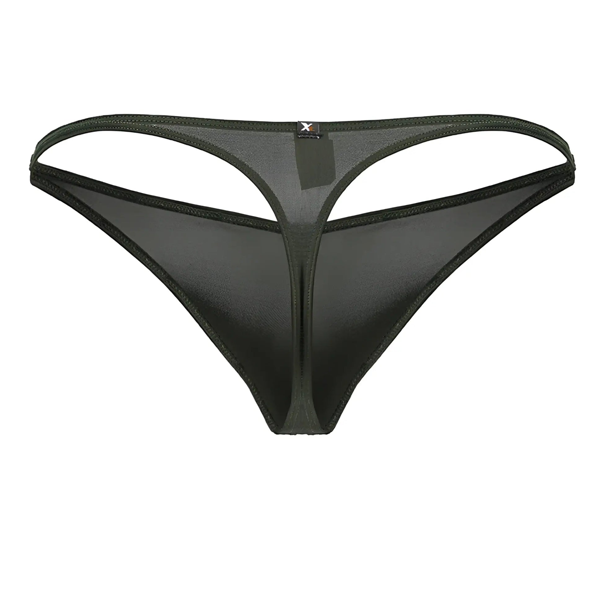 Green xtremen 91238 microfiber thong with black sheer fabric, thin supportive waistband, and reinforced stitching edges