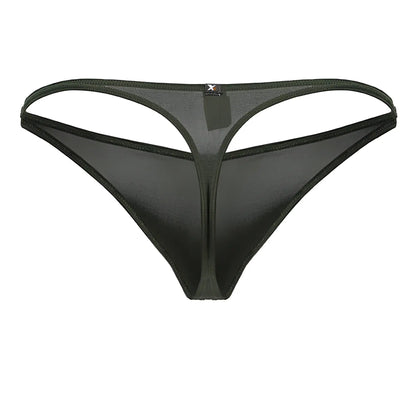 Green xtremen 91238 microfiber thong with black sheer fabric, thin supportive waistband, and reinforced stitching edges