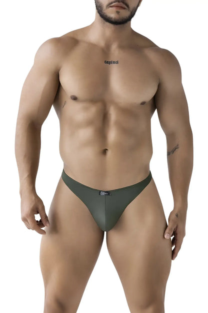Dark olive green xtremen 91238 microfiber thong with smooth stretchy fabric and a small black brand tag at the waistband