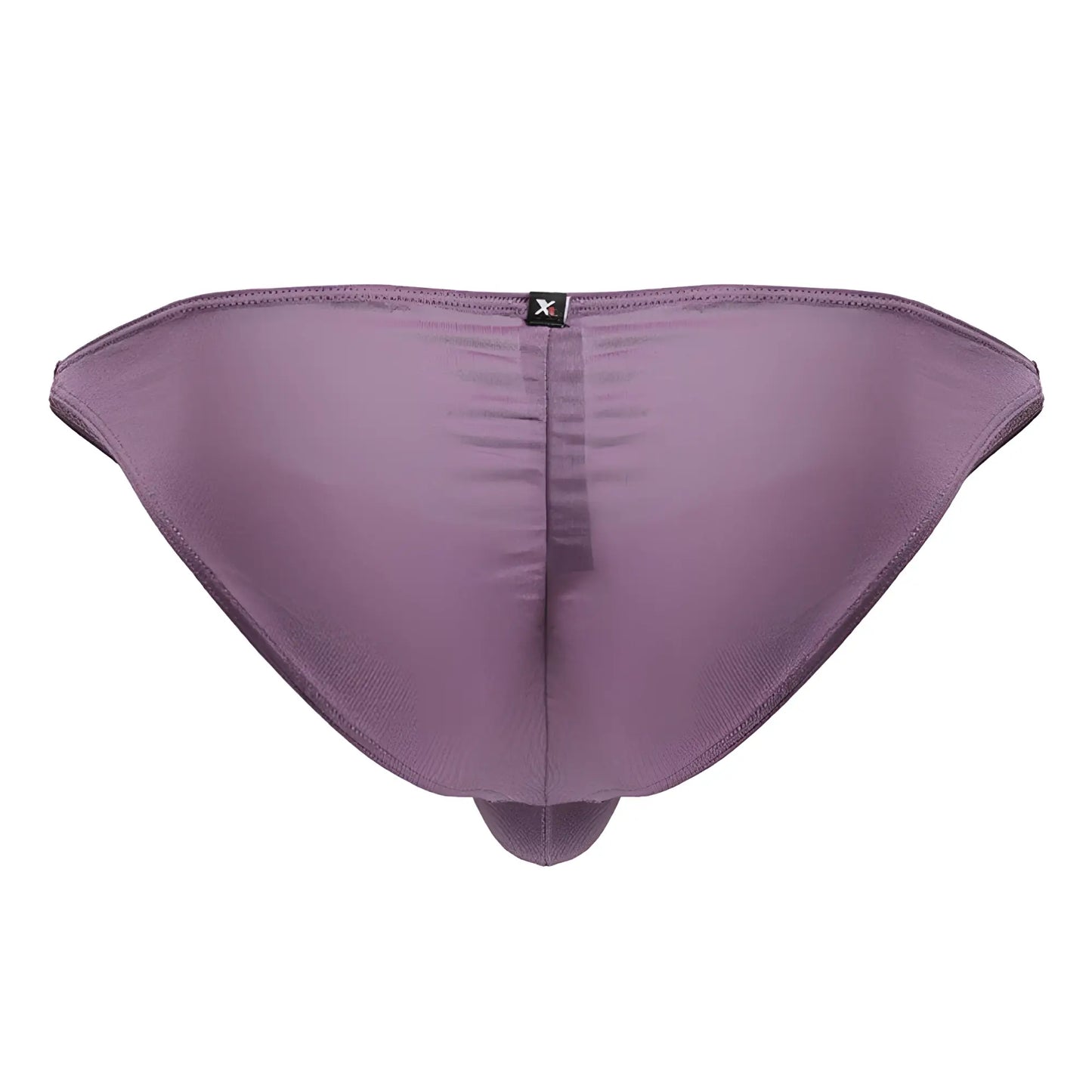 Purple satin microfiber briefs with a central seam and small black logo at waistband in blackberry color