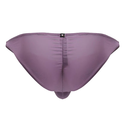 Purple satin microfiber briefs with a central seam and small black logo at waistband in blackberry color