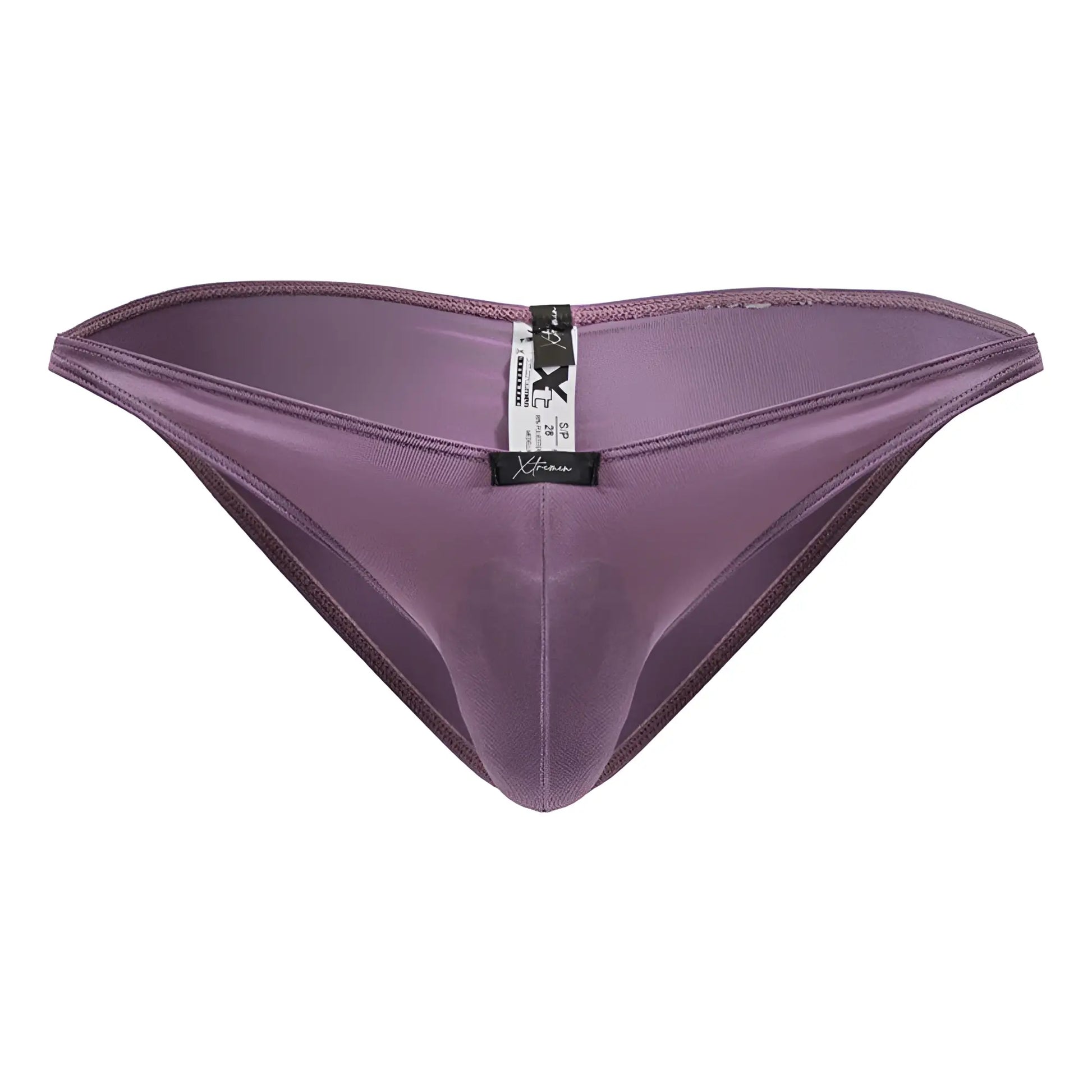 Purple satin thong with sleek smooth texture and subtle sheen in blackberry color by xtremen 91239 microfiber bikini