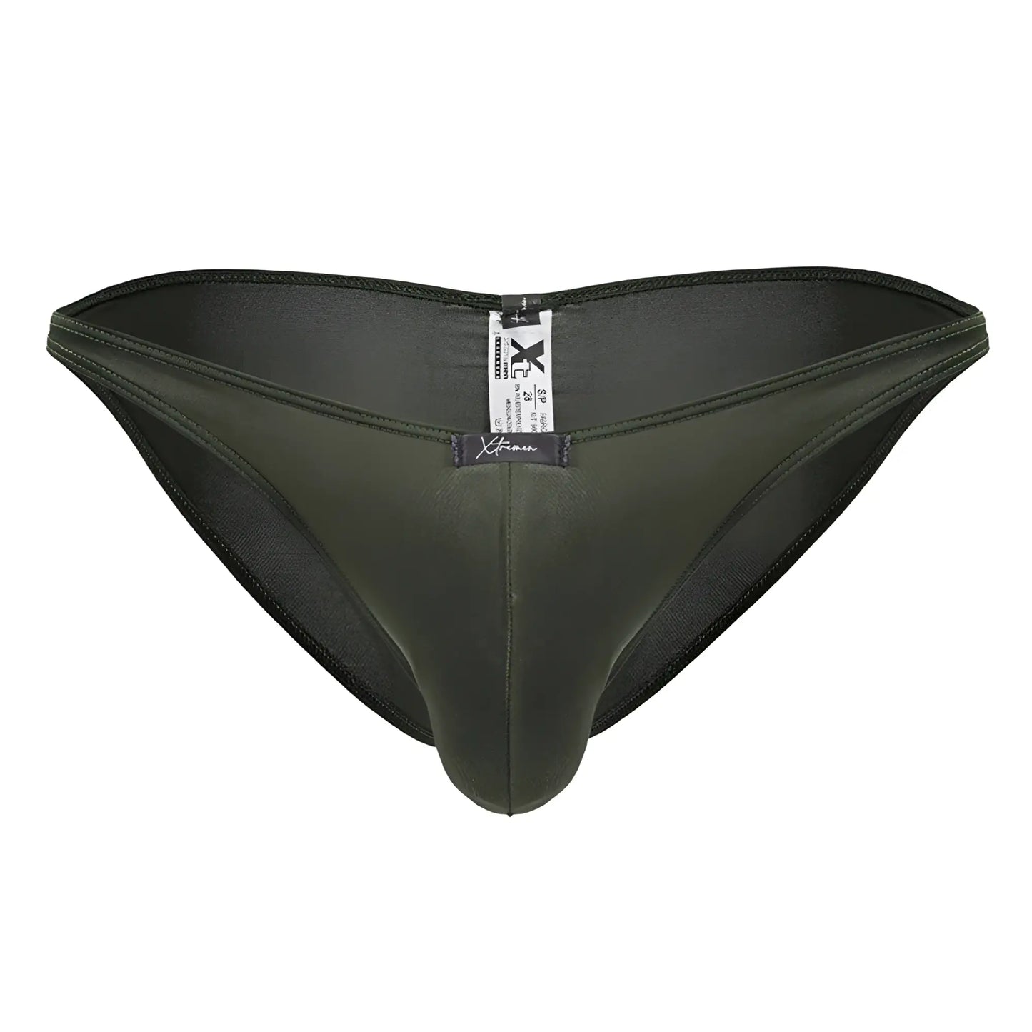 Dark olive green sleek form-fitting men’s briefs with a smooth satin-like finish Xtremen 91239 microfiber bikini