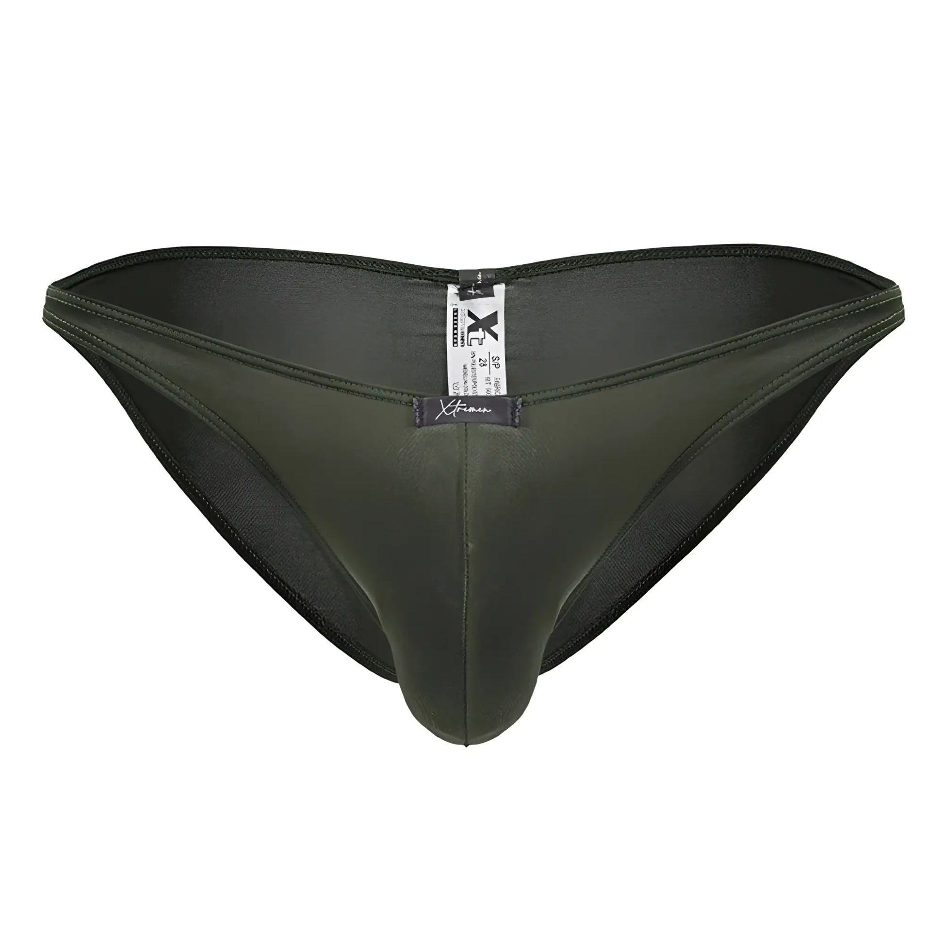 Dark olive green sleek form-fitting men’s briefs with a smooth satin-like finish Xtremen 91239 microfiber bikini