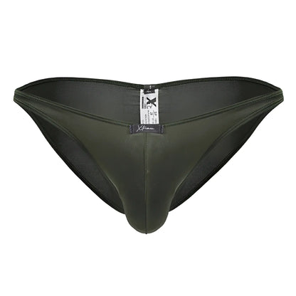 Dark olive green sleek form-fitting men’s briefs with a smooth satin-like finish Xtremen 91239 microfiber bikini