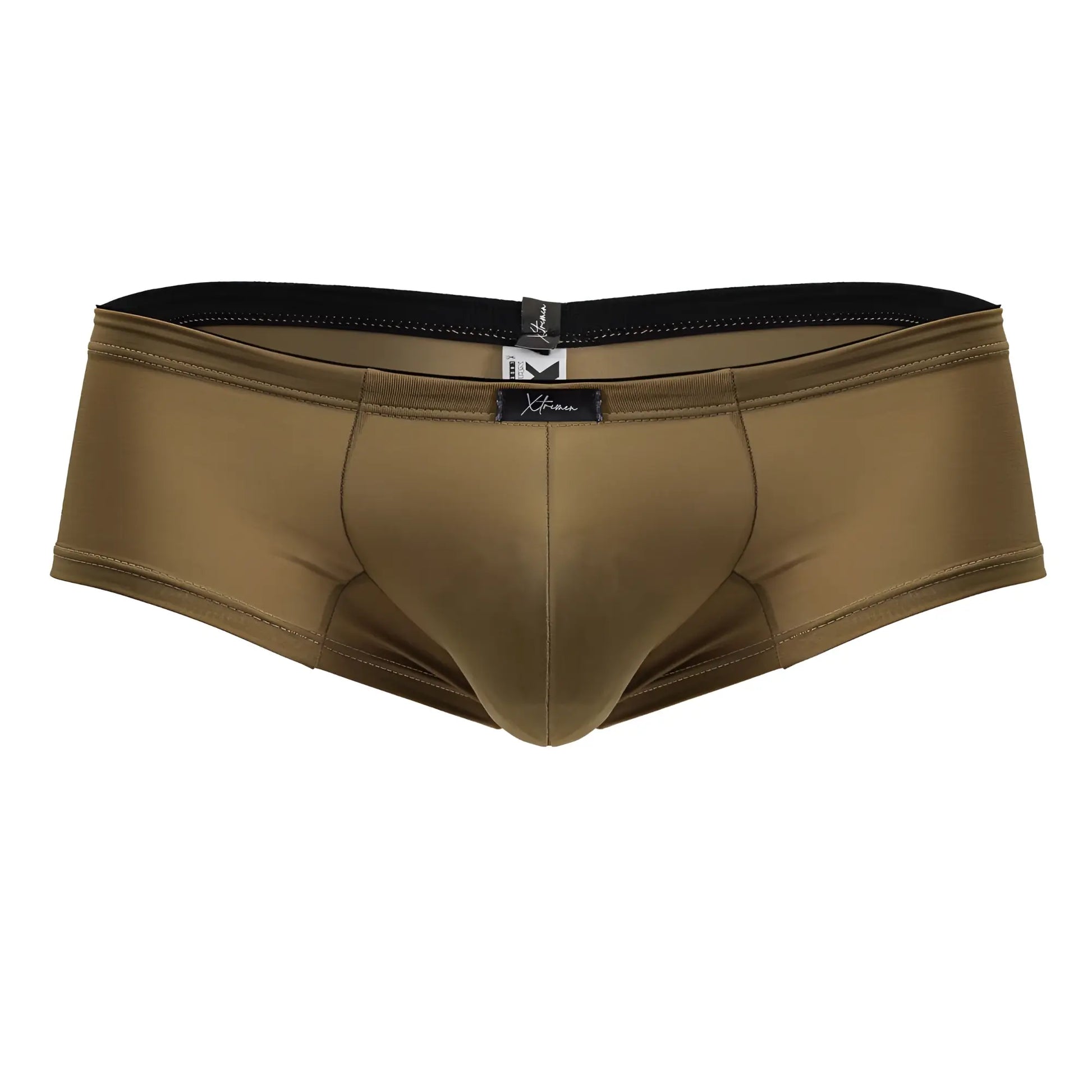 Xtremen 91240 microfiber olive green men’s swim trunks with black elastic waistband and brand tag