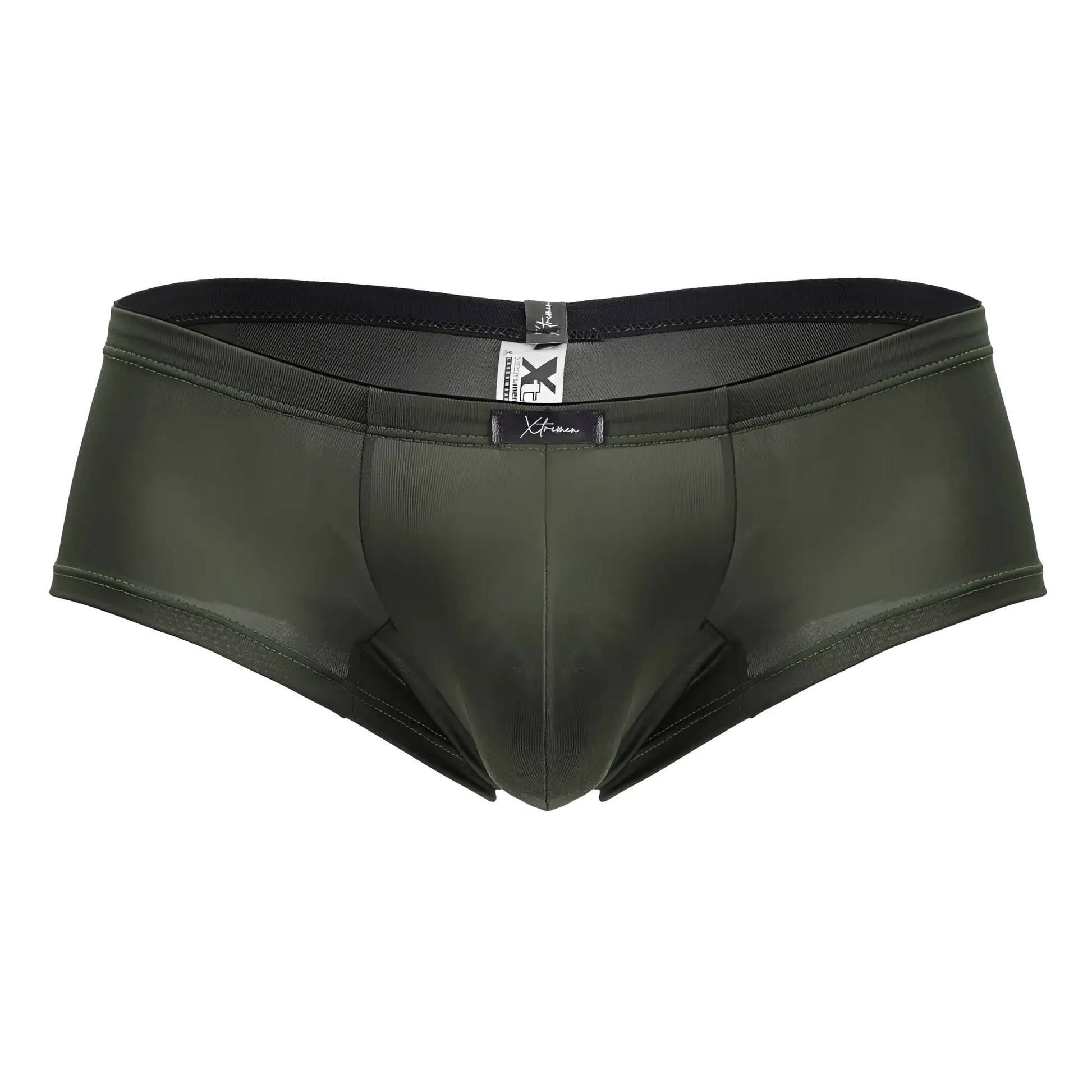 Dark olive green xtremen 91240 microfiber trunks with form fitting smooth fabric and black elastic waistband