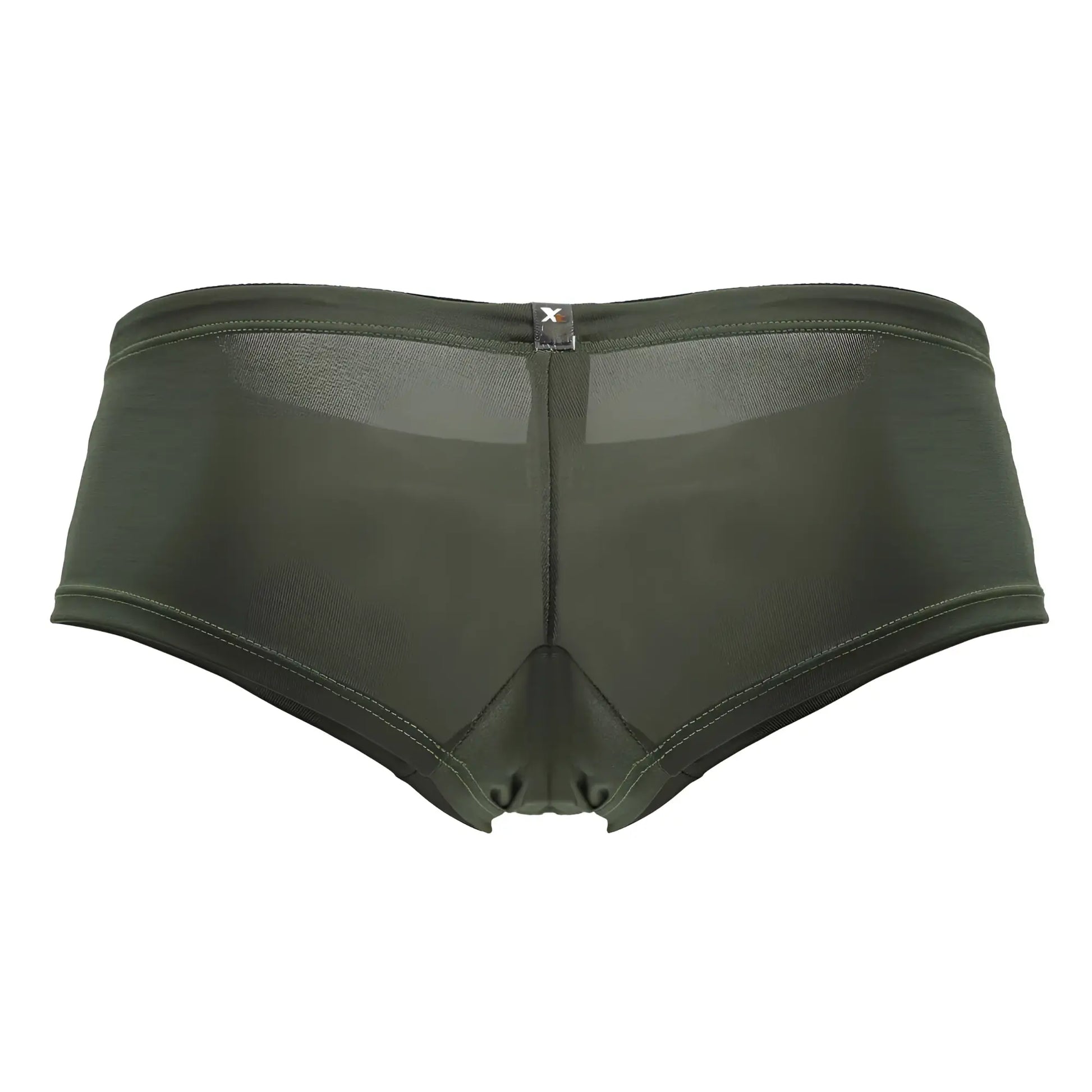Olive green xtremen 91240 microfiber trunks with mesh sides and solid front and back featuring a black waistband tag