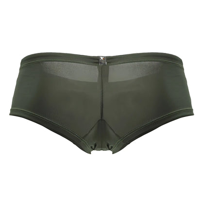 Olive green xtremen 91240 microfiber trunks with mesh sides and solid front and back featuring a black waistband tag