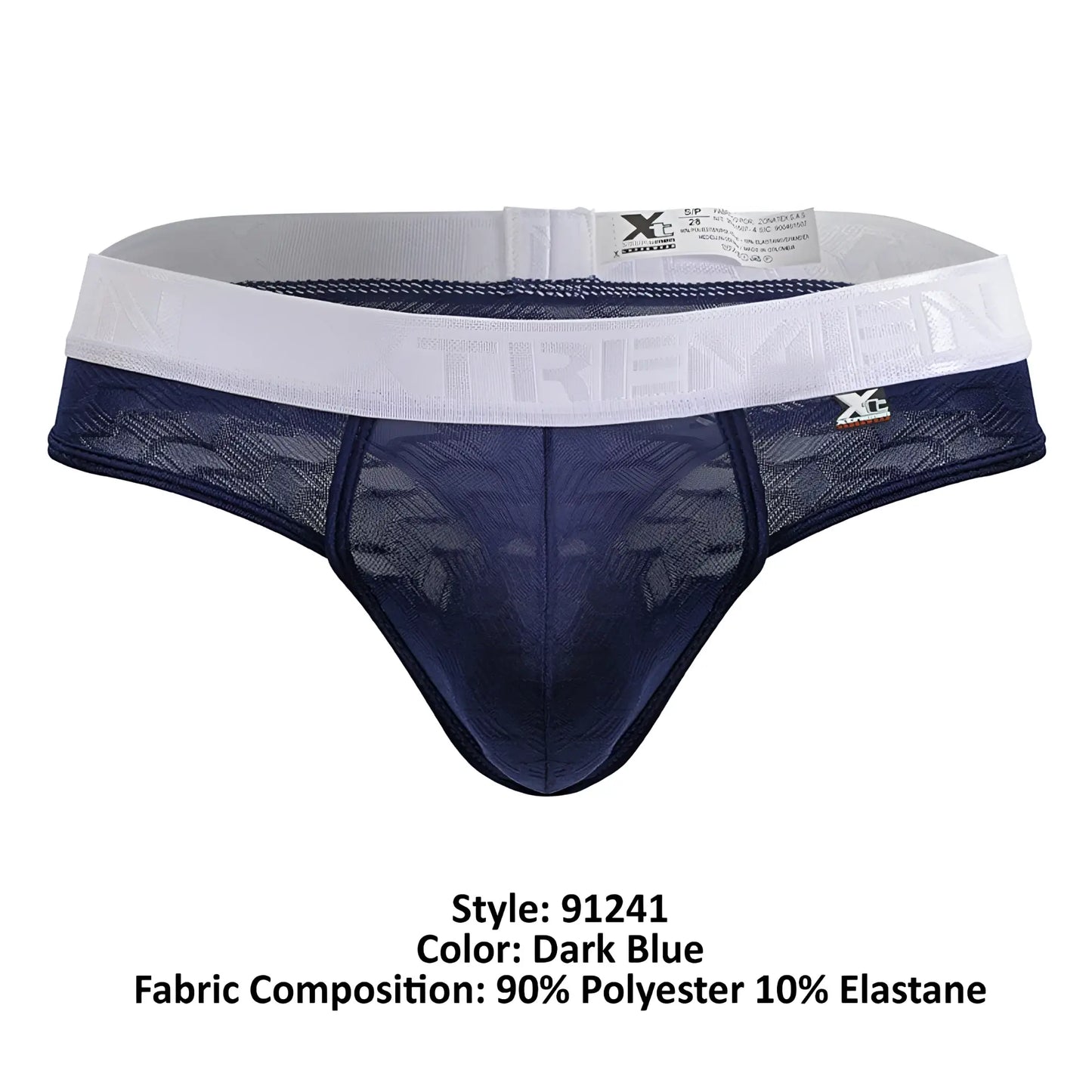 Dark blue lace-trimmed xtremen 91241 microfiber men’s briefs with white elastic waistband featuring tremein branding
