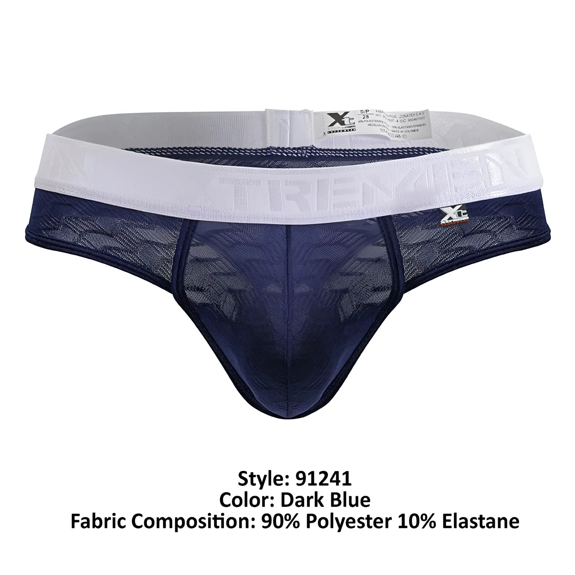 Dark blue lace-trimmed xtremen 91241 microfiber men’s briefs with white elastic waistband featuring tremein branding