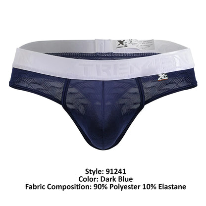 Dark blue lace-trimmed xtremen 91241 microfiber men’s briefs with white elastic waistband featuring tremein branding
