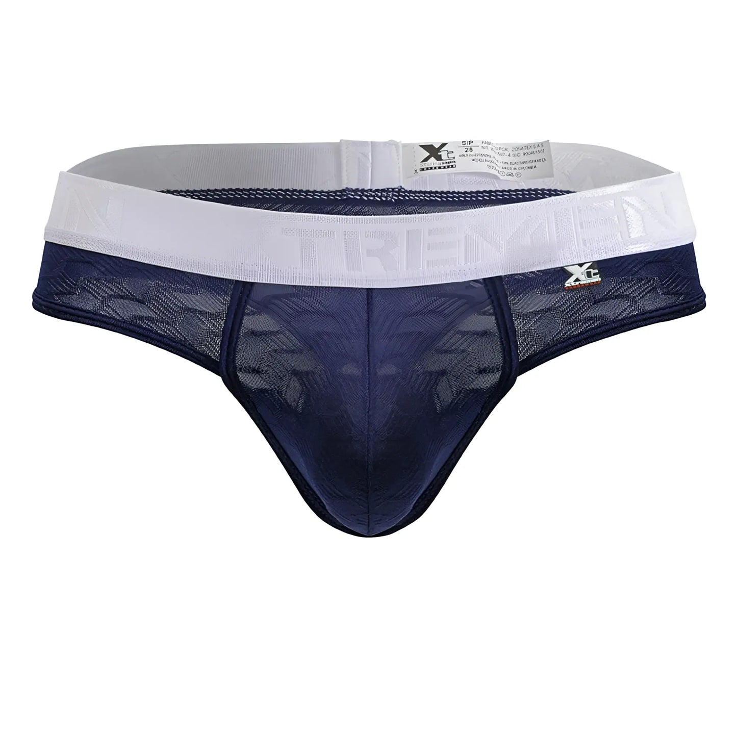 Navy blue lace thong with white elastic waistband and Xtremen branding made of microfiber for comfortable wear
