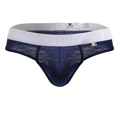Navy blue lace thong with white elastic waistband and Xtremen branding made of microfiber for comfortable wear