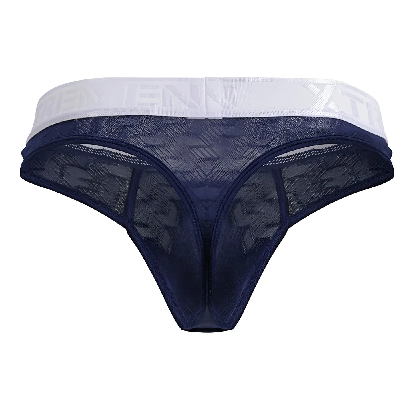 Navy blue Xtremen 91241 microfiber lace thong with white elastic waistband featuring embossed lettering