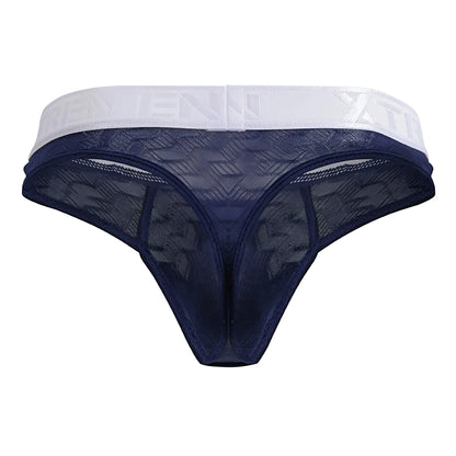 Navy blue Xtremen 91241 microfiber lace thong with white elastic waistband featuring embossed lettering