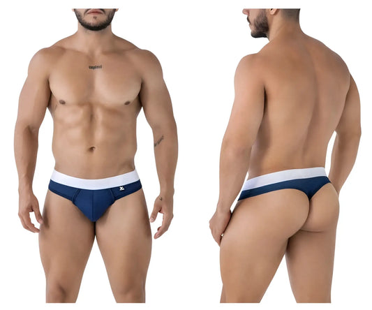 Navy blue and white xtremen 91241 microfiber briefs with snug fit and small waistband logo front view