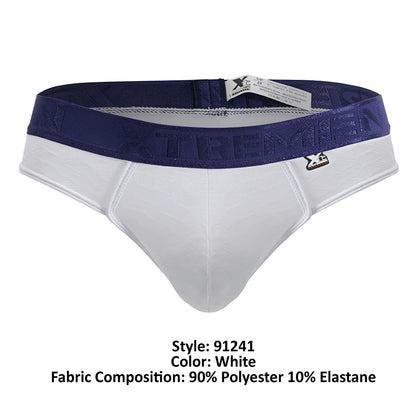 White xtremen 91241 microfiber thongs with navy waistband logo and embroidered brand emblem