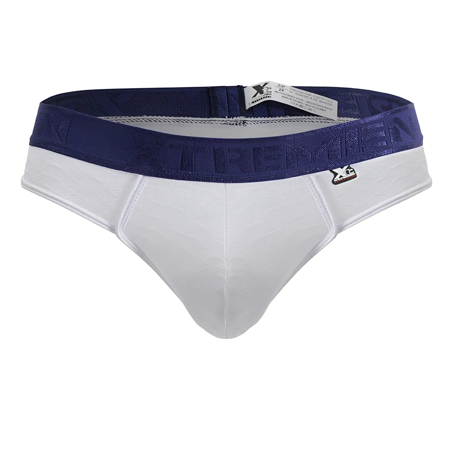 White and navy blue mens microfiber briefs with textured xtreme logo waistband front view in xtremen 91241 model